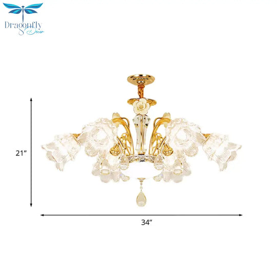 Flower Dining Room Chandelier Lamp Mid Century Clear Glass 3/6 - Bulb Gold Pendant With Crystal