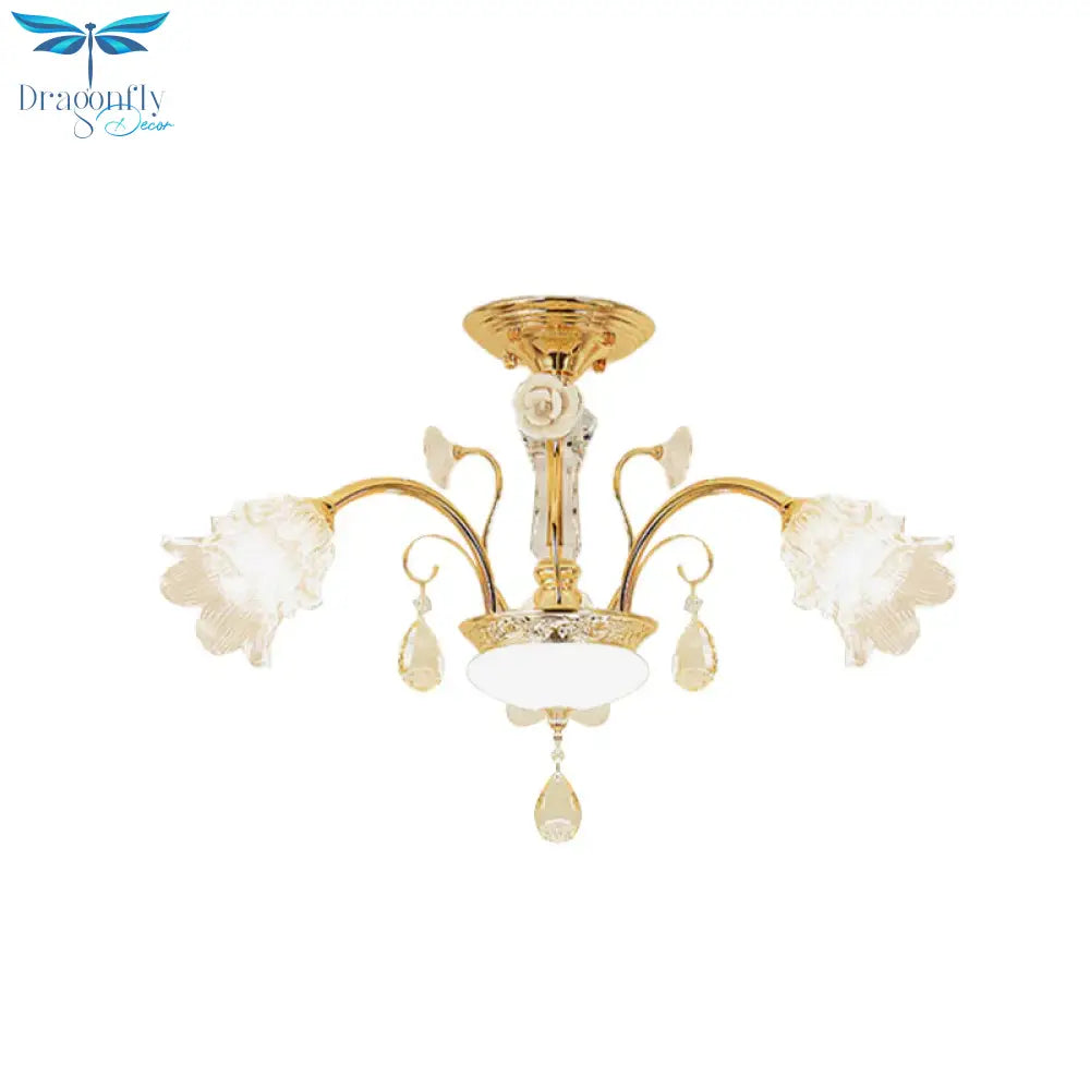 Flower Dining Room Chandelier Lamp Mid Century Clear Glass 3/6 - Bulb Gold Pendant With Crystal