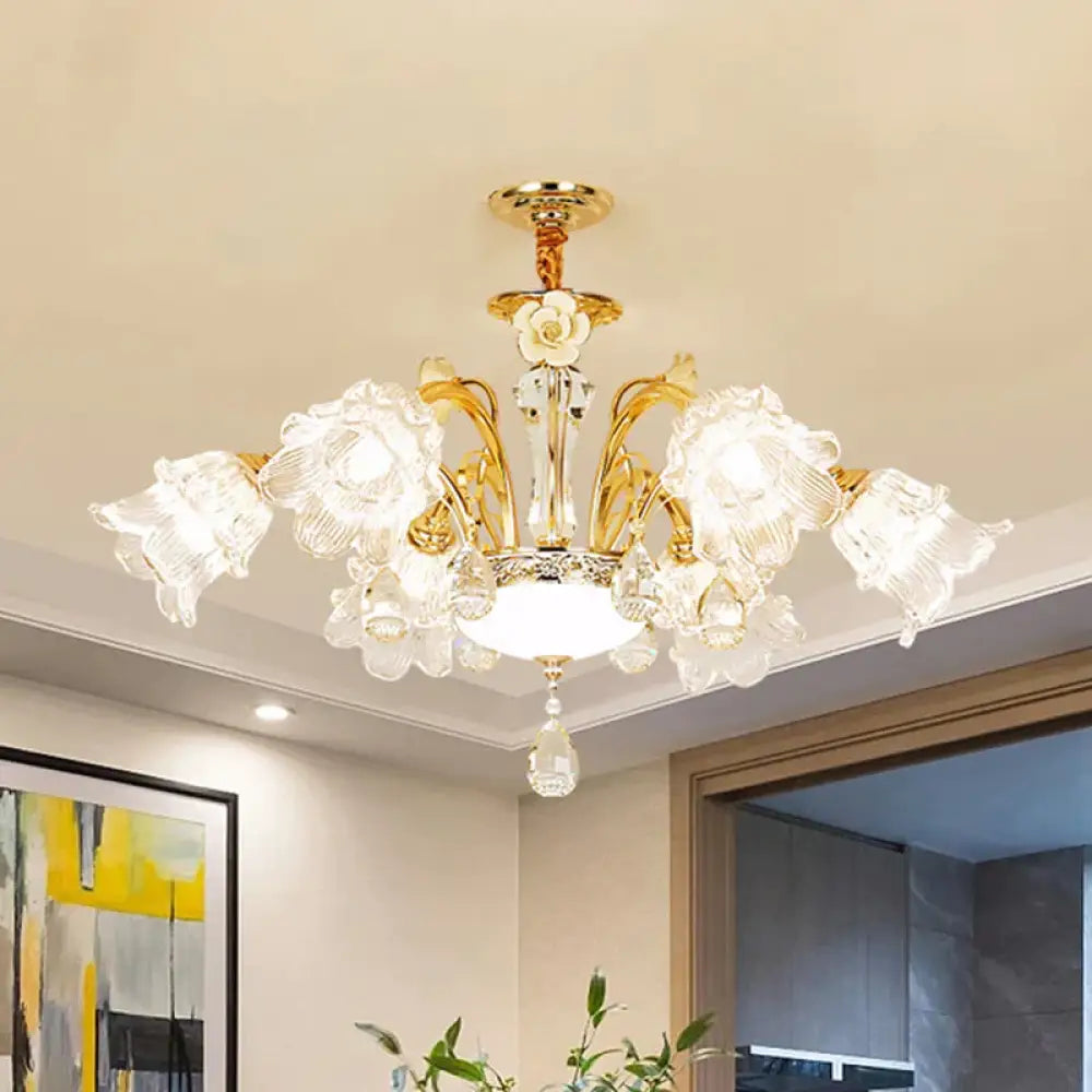 Flower Dining Room Chandelier Lamp Mid Century Clear Glass 3/6 - Bulb Gold Pendant With Crystal