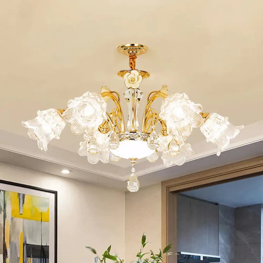 Flower Dining Room Chandelier Lamp Mid Century Clear Glass 3/6 - Bulb Gold Pendant With Crystal