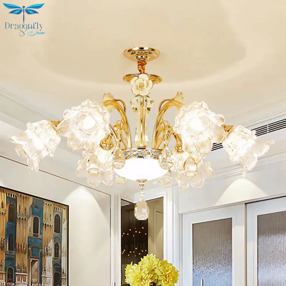 Flower Dining Room Chandelier Lamp Mid Century Clear Glass 3/6 - Bulb Gold Pendant With Crystal