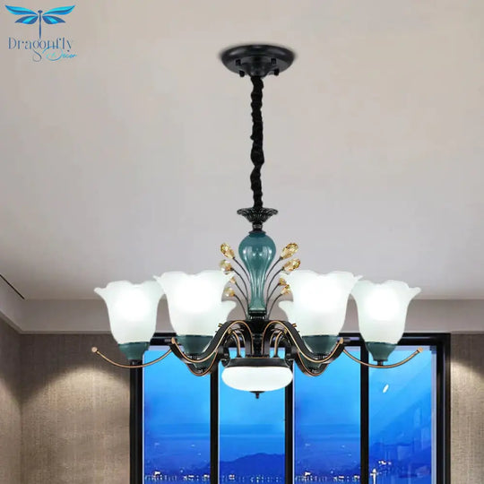 Flower Shade Suspension Lamp Countryside 3/6/8 - Head Milky Glass Pendant Chandelier In Green