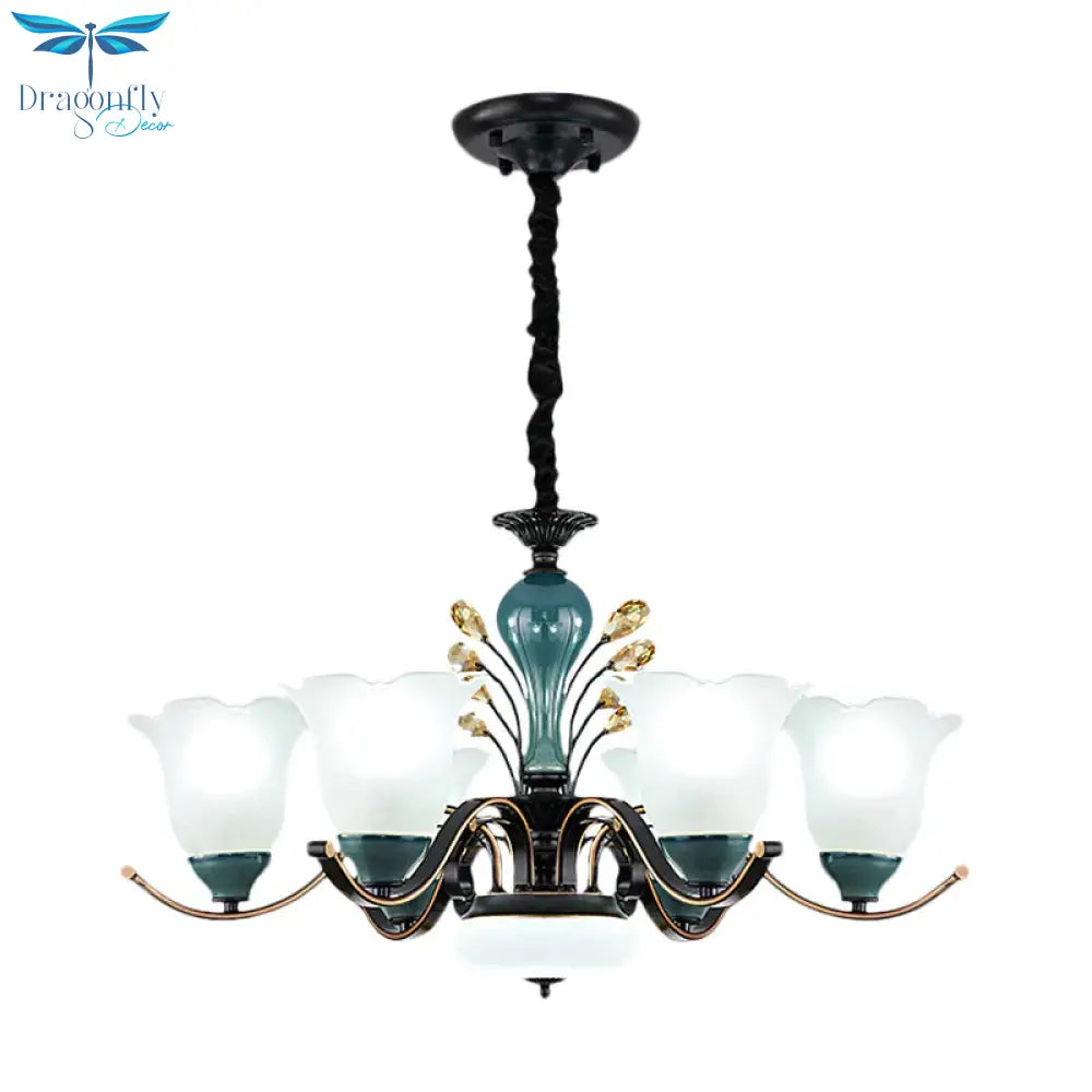 Flower Shade Suspension Lamp Countryside 3/6/8 - Head Milky Glass Pendant Chandelier In Green