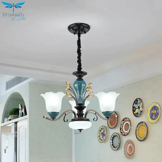 Flower Shade Suspension Lamp Countryside 3/6/8 - Head Milky Glass Pendant Chandelier In Green