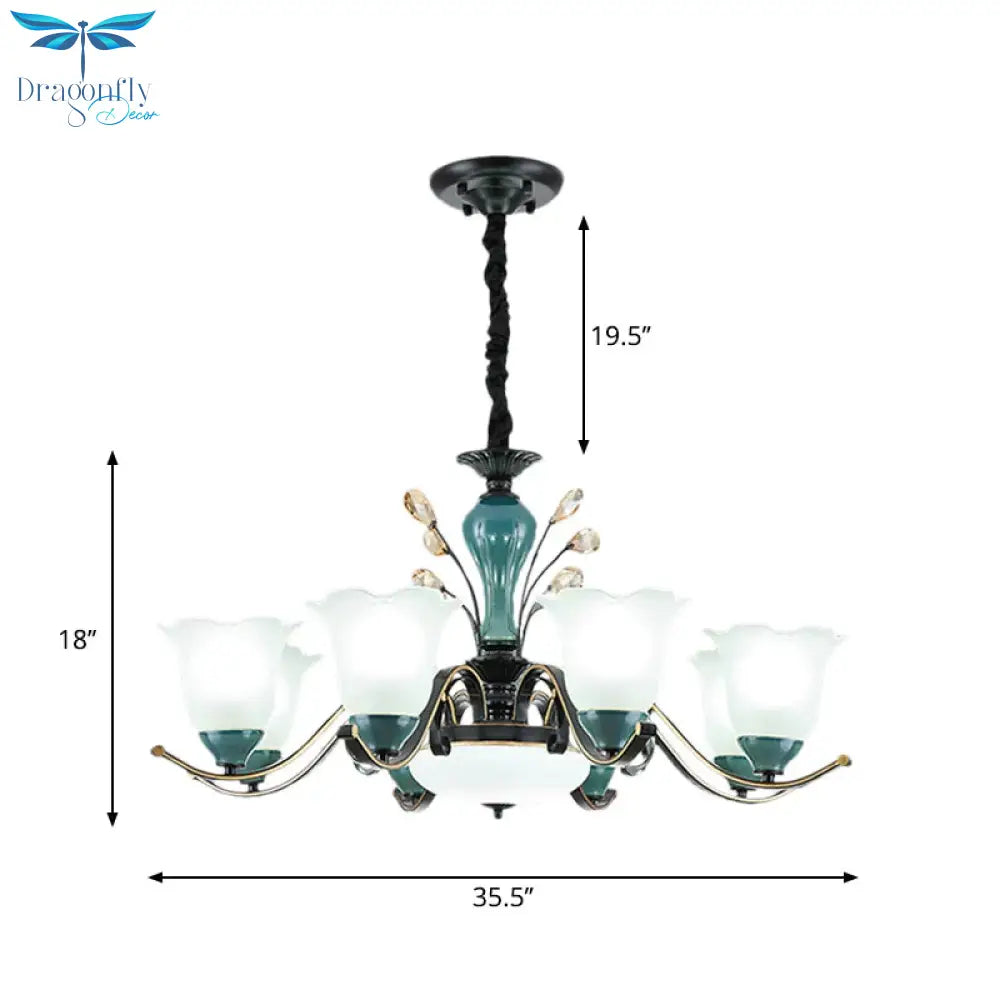 Flower Shade Suspension Lamp Countryside 3/6/8 - Head Milky Glass Pendant Chandelier In Green