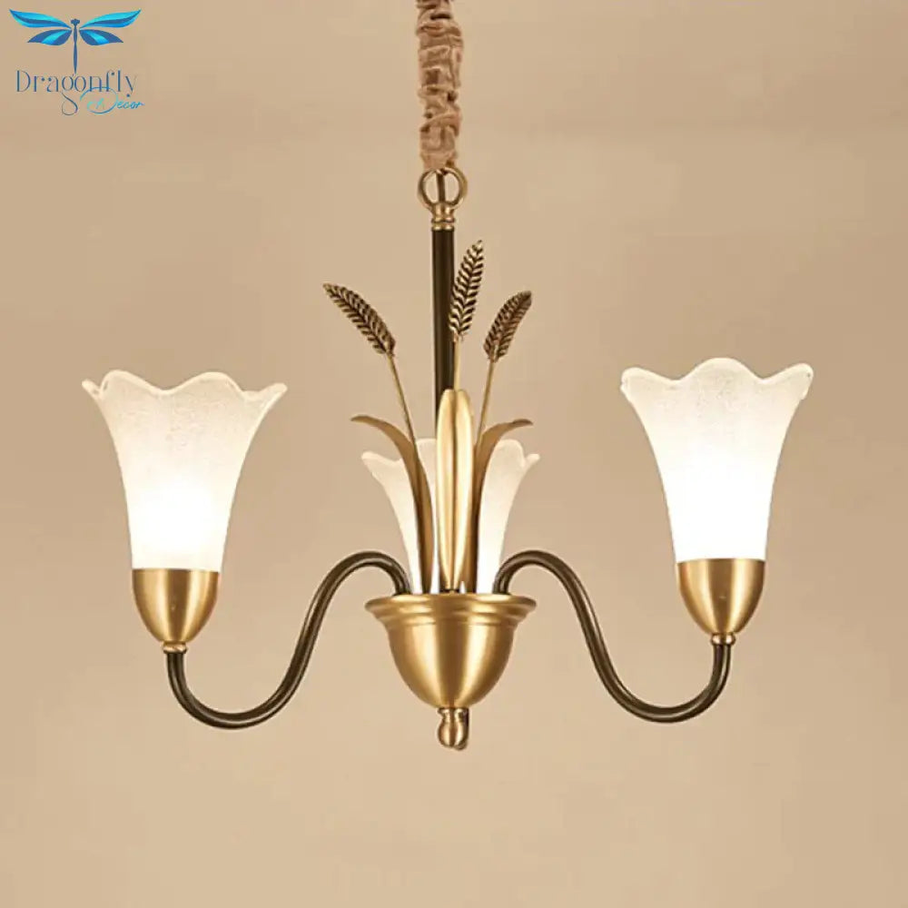 Flower Shape Metal Chandelier Lighting Traditional 3 Light Dining Room Pendant In Brass