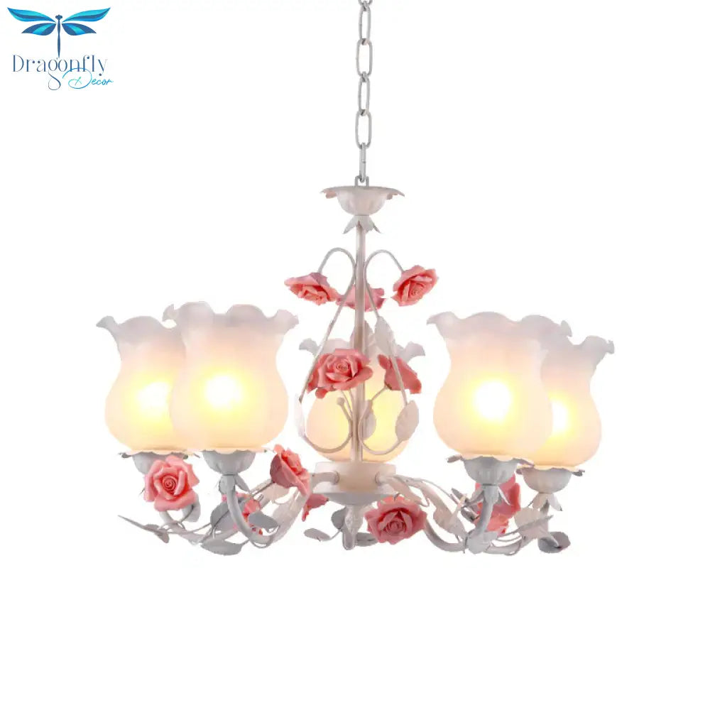 Flower White Glass Chandelier Light Pastoral 5 Bulbs Dining Room Pendant Lighting Fixture In Pink
