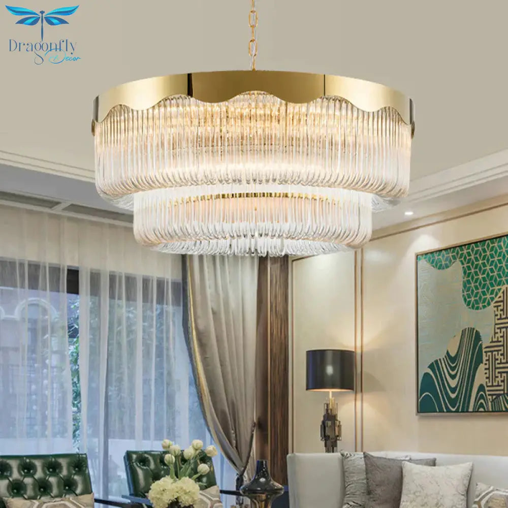 Fluted Crystal 2 Layers Hanging Pendant Light Postmodern 8 Heads Living Room Chandelier Lighting In