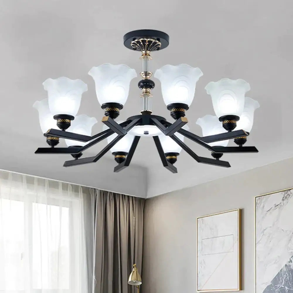 Frosted Glass Black Chandelier Lighting Floral Shade 3/6/8 - Head Rural Style Hanging Pendant Light
