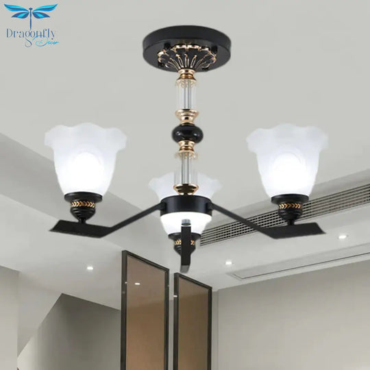 Frosted Glass Black Chandelier Lighting Floral Shade 3/6/8 - Head Rural Style Hanging Pendant Light