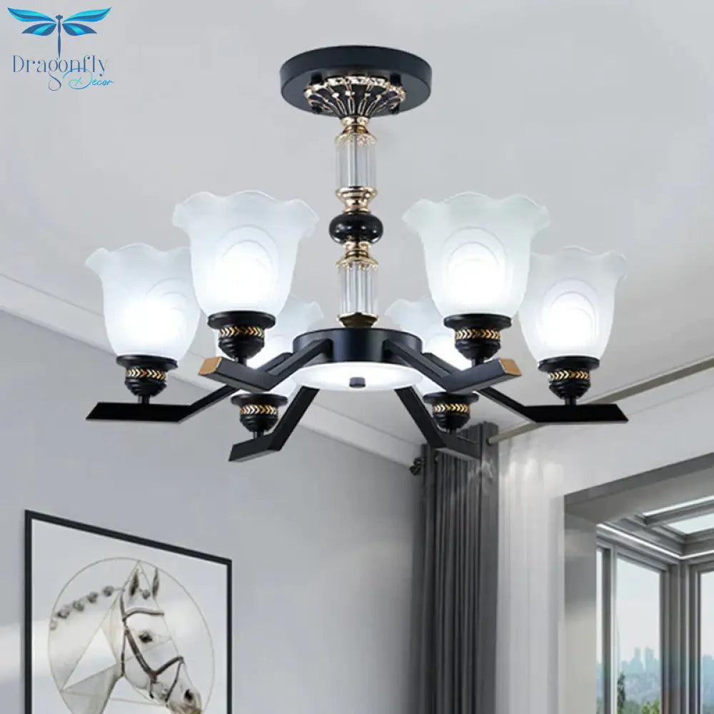 Frosted Glass Black Chandelier Lighting Floral Shade 3/6/8 - Head Rural Style Hanging Pendant Light