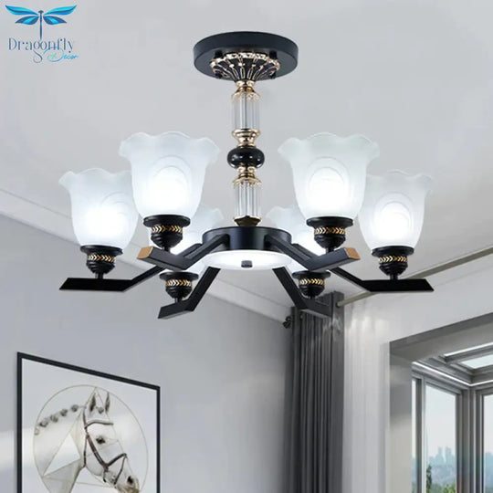 Frosted Glass Black Chandelier Lighting Floral Shade 3/6/8 - Head Rural Style Hanging Pendant Light