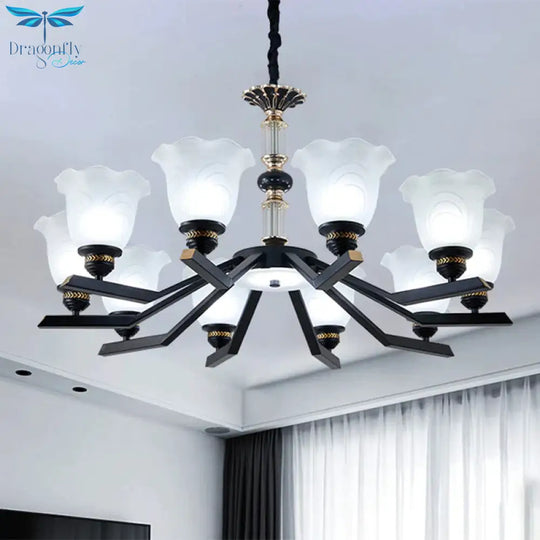 Frosted Glass Black Chandelier Lighting Floral Shade 3/6/8 - Head Rural Style Hanging Pendant Light