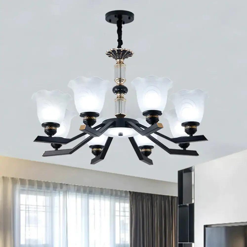 Frosted Glass Black Chandelier Lighting Floral Shade 3/6/8 - Head Rural Style Hanging Pendant Light