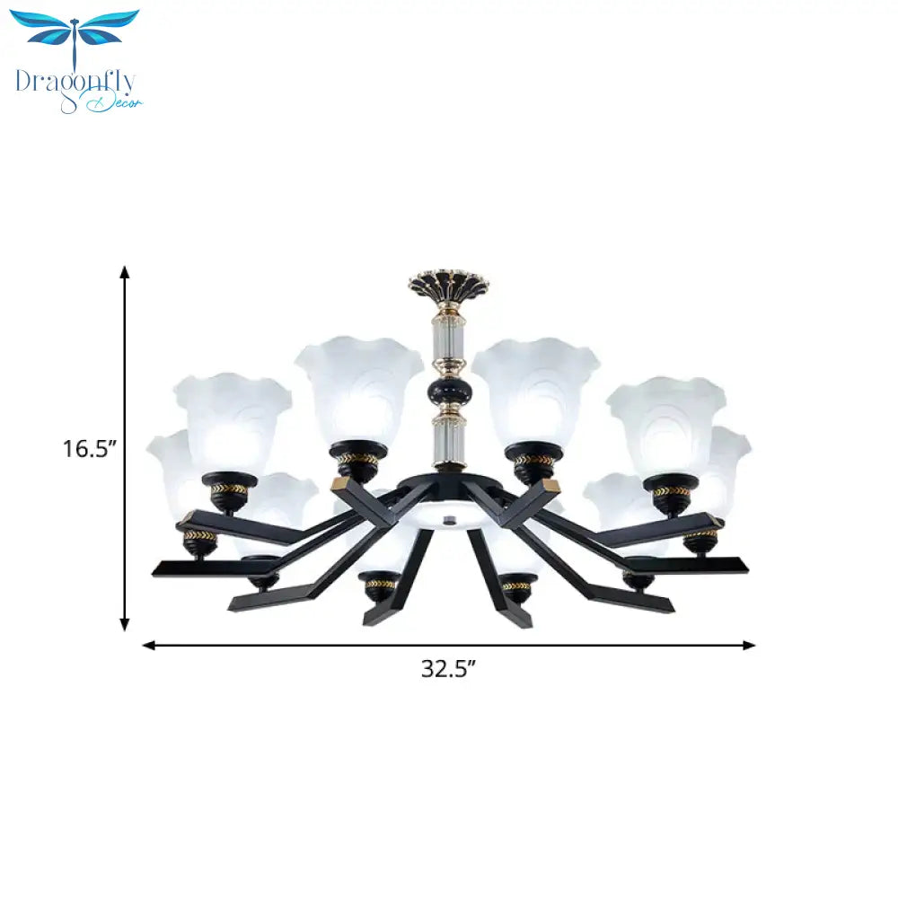 Frosted Glass Black Chandelier Lighting Floral Shade 3/6/8 - Head Rural Style Hanging Pendant Light