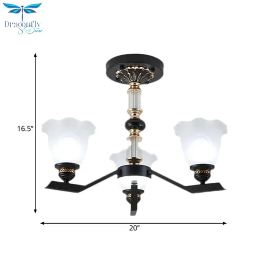 Frosted Glass Black Chandelier Lighting Floral Shade 3/6/8 - Head Rural Style Hanging Pendant Light