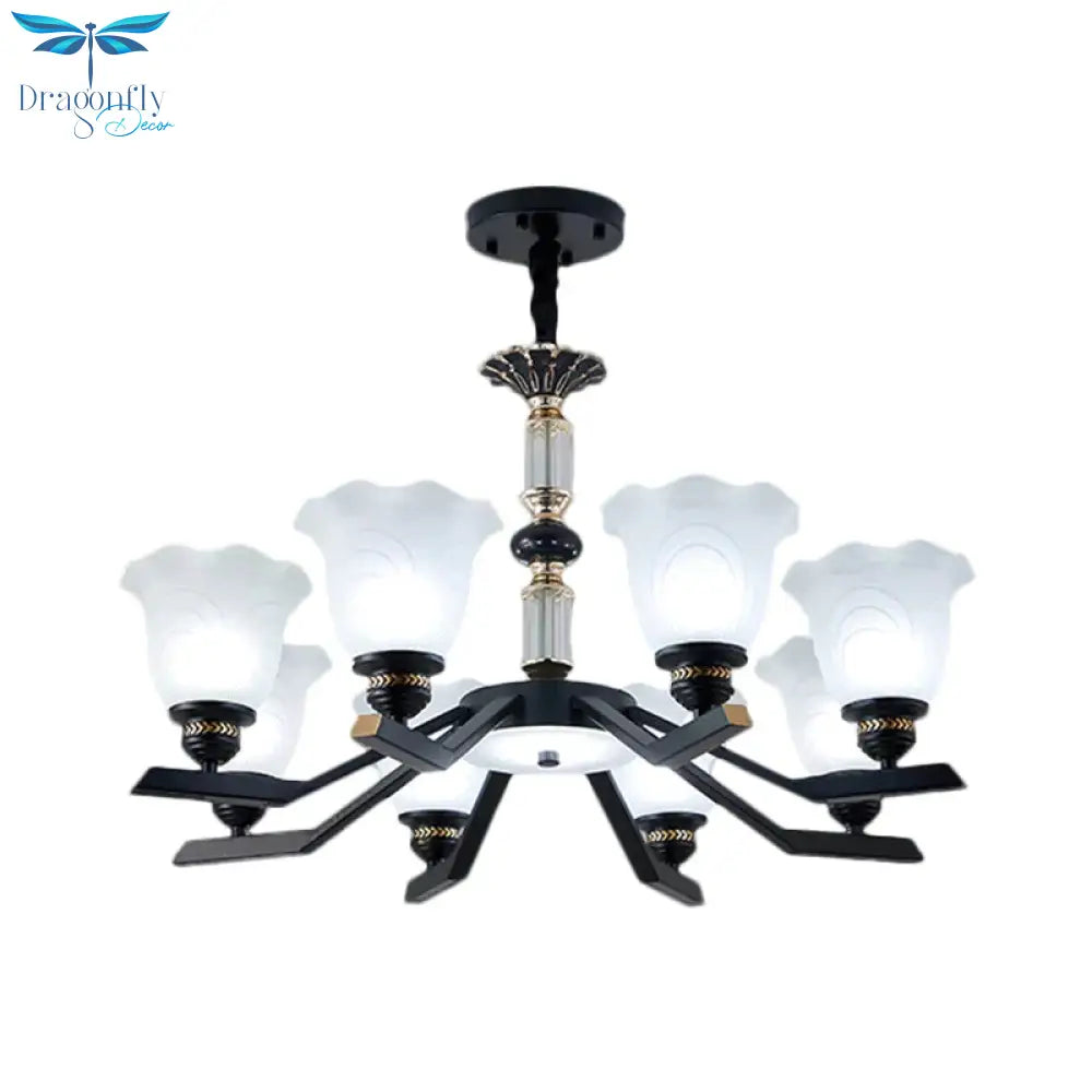Frosted Glass Black Chandelier Lighting Floral Shade 3/6/8 - Head Rural Style Hanging Pendant Light