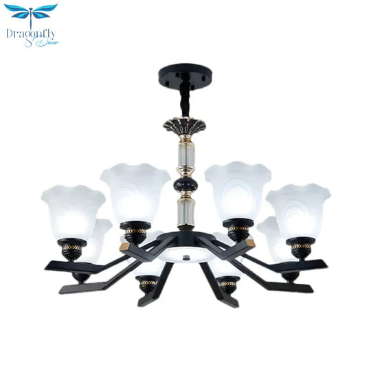 Frosted Glass Black Chandelier Lighting Floral Shade 3/6/8 - Head Rural Style Hanging Pendant Light