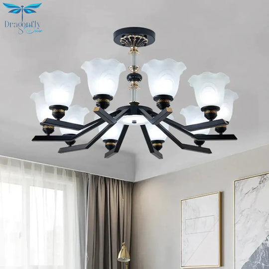 Frosted Glass Black Chandelier Lighting Floral Shade 3/6/8 - Head Rural Style Hanging Pendant Light