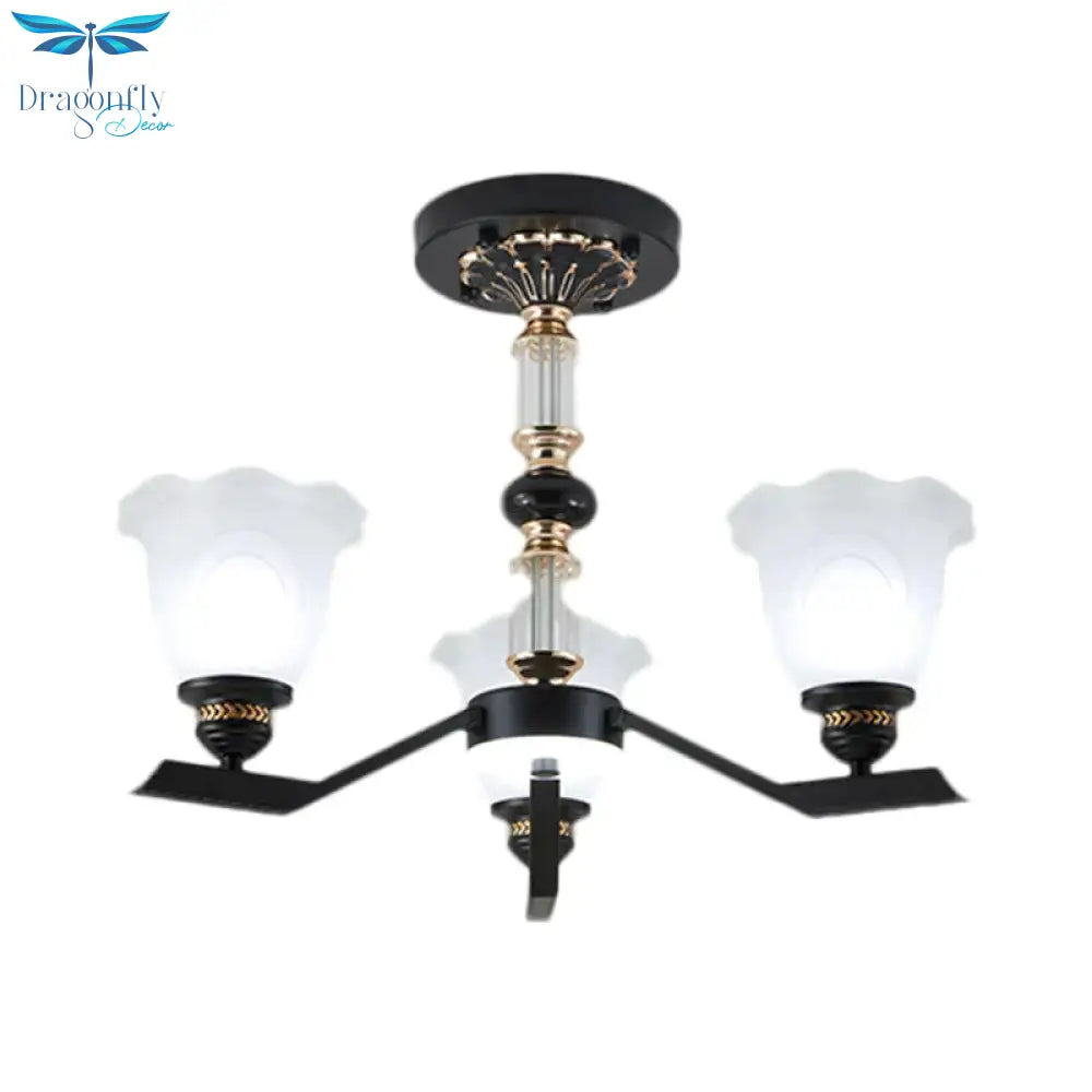 Frosted Glass Black Chandelier Lighting Floral Shade 3/6/8 - Head Rural Style Hanging Pendant Light