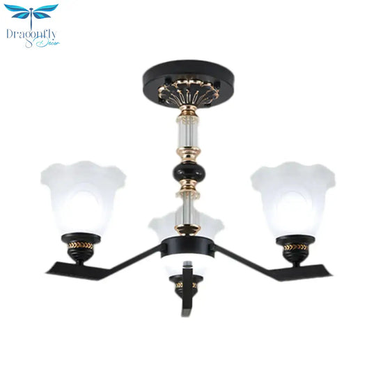 Frosted Glass Black Chandelier Lighting Floral Shade 3/6/8 - Head Rural Style Hanging Pendant Light