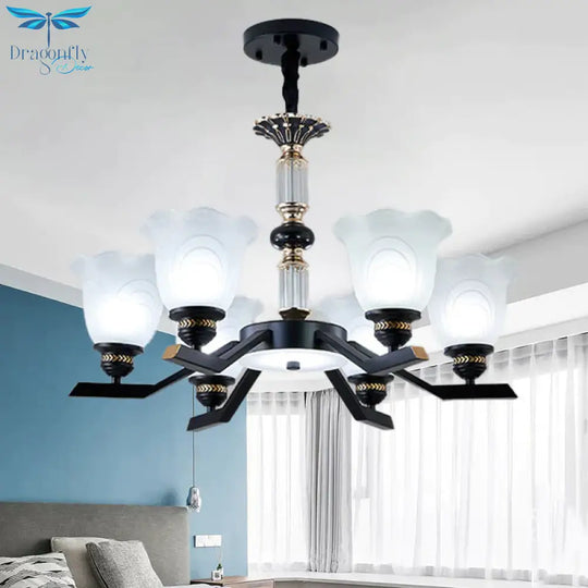 Frosted Glass Black Chandelier Lighting Floral Shade 3/6/8 - Head Rural Style Hanging Pendant Light