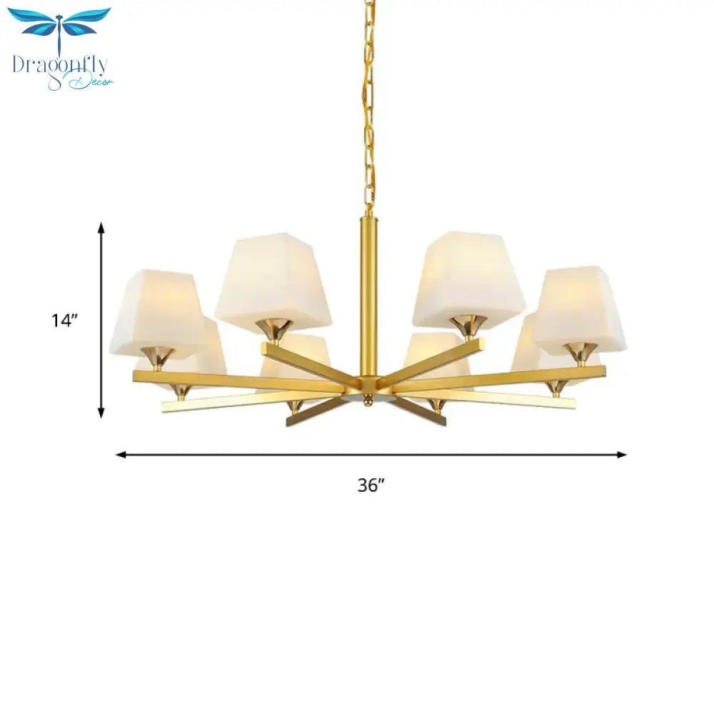 Frosted Glass Brass Pendant Lamp Tapered 8 Light Traditional Chandelier Fixture With Sunburst Design