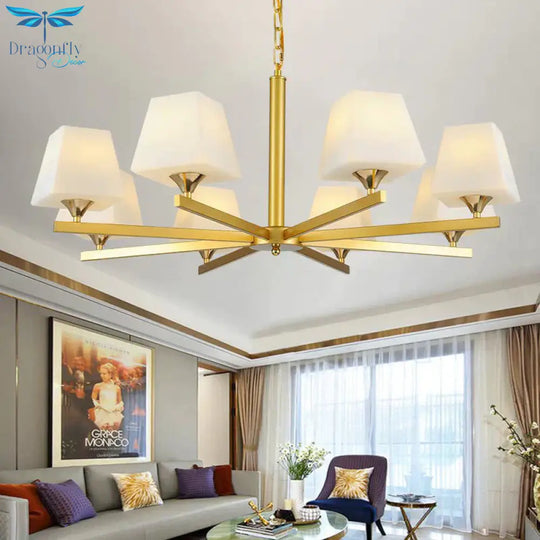Frosted Glass Brass Pendant Lamp Tapered 8 Light Traditional Chandelier Fixture With Sunburst Design