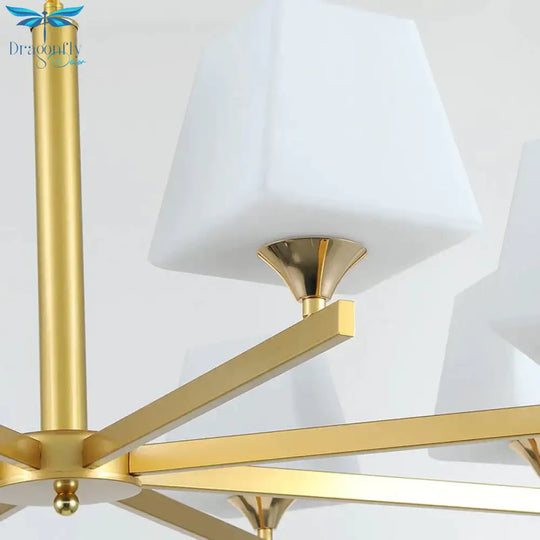 Frosted Glass Brass Pendant Lamp Tapered 8 Light Traditional Chandelier Fixture With Sunburst Design