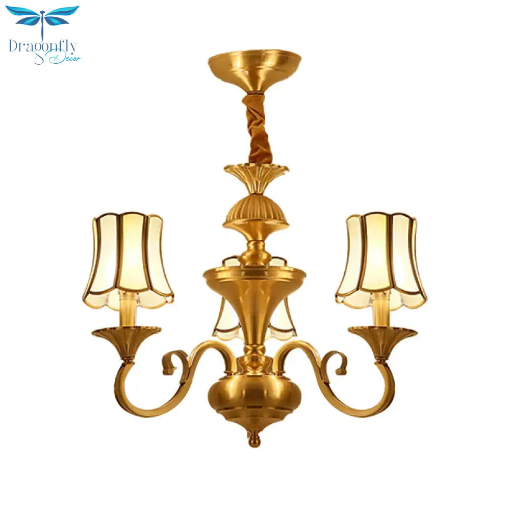 Frosted Glass Gold Pendant Chandelier Flared 3/6 Lights Colonialism Ceiling Hang Fixture For Bedroom