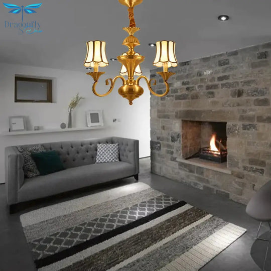 Frosted Glass Gold Pendant Chandelier Flared 3/6 Lights Colonialism Ceiling Hang Fixture For Bedroom