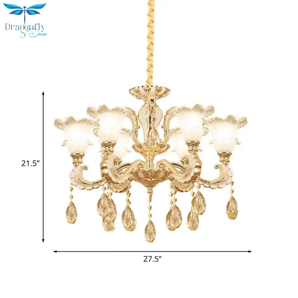 Frosted Glass Gold Pendant Light Ruffle 6 Heads Traditional Chandelier Lamp For Dining Room