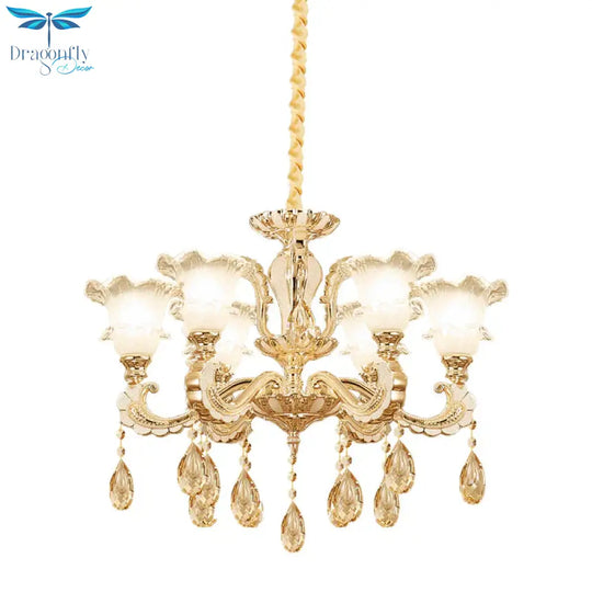Frosted Glass Gold Pendant Light Ruffle 6 Heads Traditional Chandelier Lamp For Dining Room
