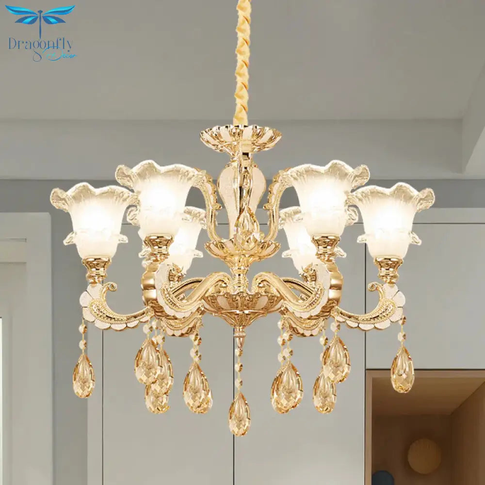 Frosted Glass Gold Pendant Light Ruffle 6 Heads Traditional Chandelier Lamp For Dining Room