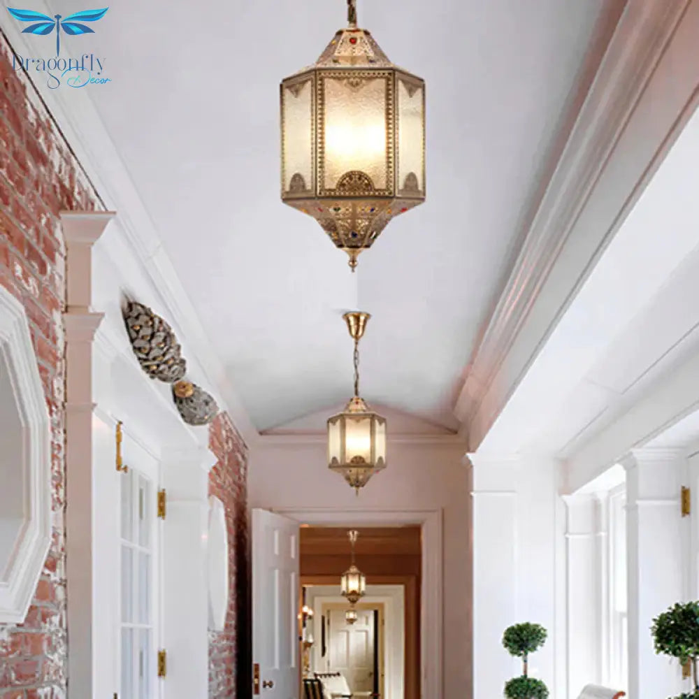 Frosted Glass Hexagonal Hanging Light Kit Decorative 3 Lights Porch Chandelier Lamp In Brass