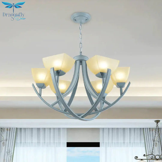 Frosted Glass Trapezoid Hanging Lamp Kit Simple 6 - Head Chandelier Light Fixture With Curved Arm
