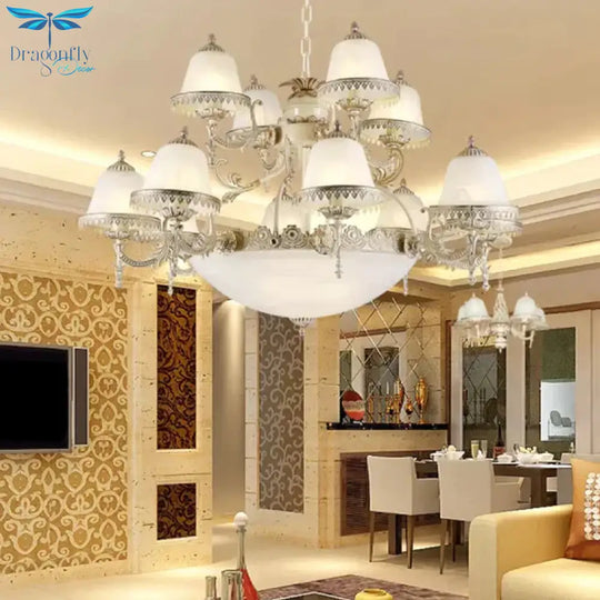 Frosted Glass White Chandelier Tiered Bell Shaped 15 - Light Country Style Hanging Light