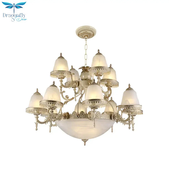 Frosted Glass White Chandelier Tiered Bell Shaped 15 - Light Country Style Hanging Light