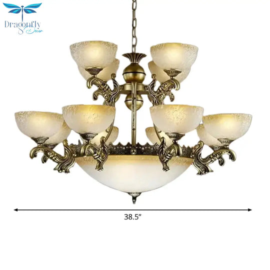 Frosted Patterned Glass Bowl Drop Lamp Rustic 15 - Light Living Room Ceiling Chandelier In Bronze