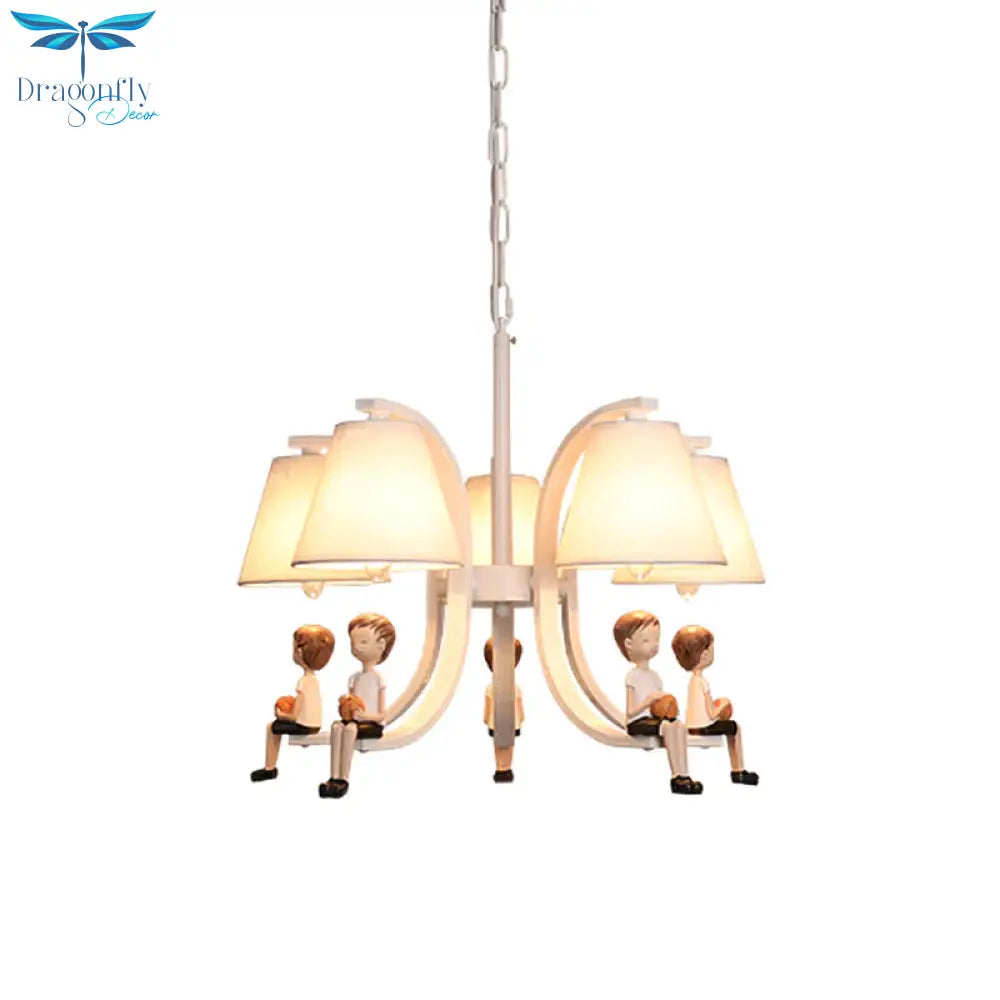 Girl/Boy Statue Suspension Light Kids Iron 5 - Bulb Bedroom Pendant Chandelier With Cone Fabric
