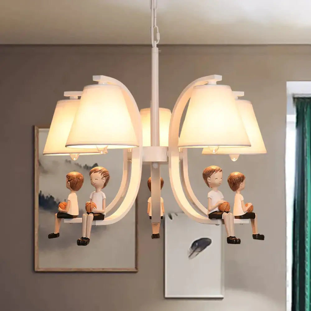 Girl/Boy Statue Suspension Light Kids Iron 5 - Bulb Bedroom Pendant Chandelier With Cone Fabric