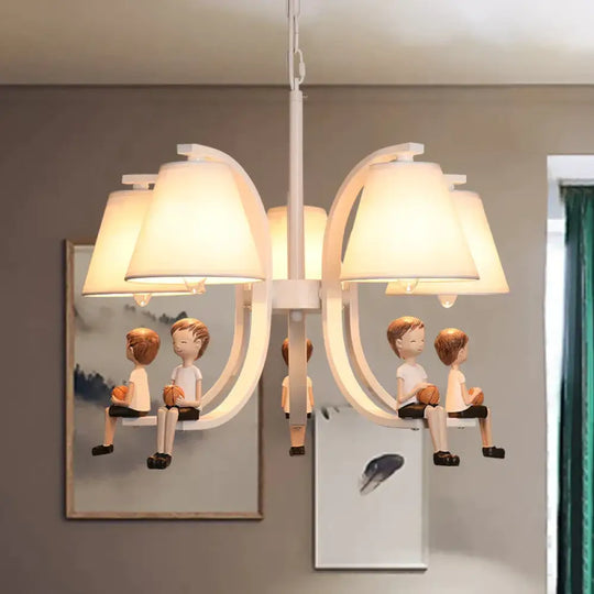 Girl/Boy Statue Suspension Light Kids Iron 5 - Bulb Bedroom Pendant Chandelier With Cone Fabric