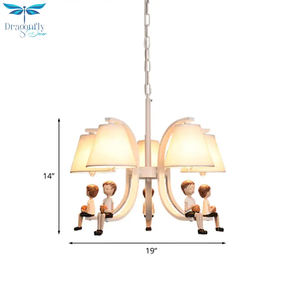 Girl/Boy Statue Suspension Light Kids Iron 5 - Bulb Bedroom Pendant Chandelier With Cone Fabric