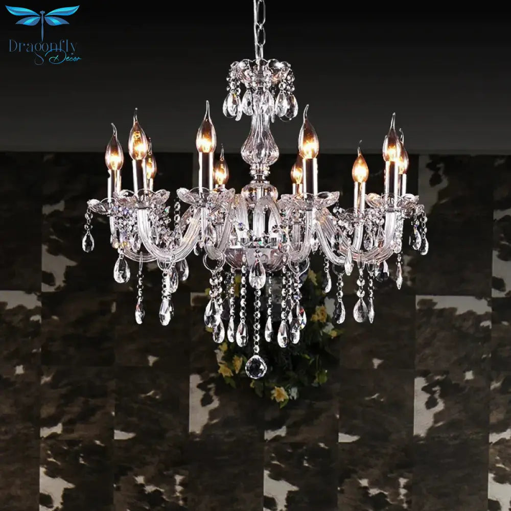 Glam Candle - Style Curving Arm Chandelier Crystal Strands In Chrome Finish