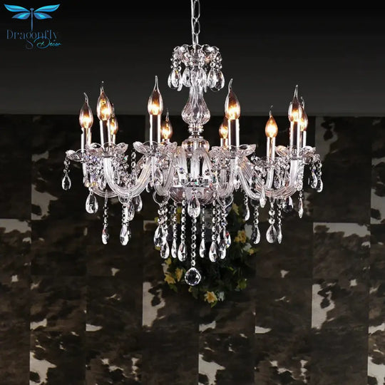 Glam Candle - Style Curving Arm Chandelier Crystal Strands In Chrome Finish