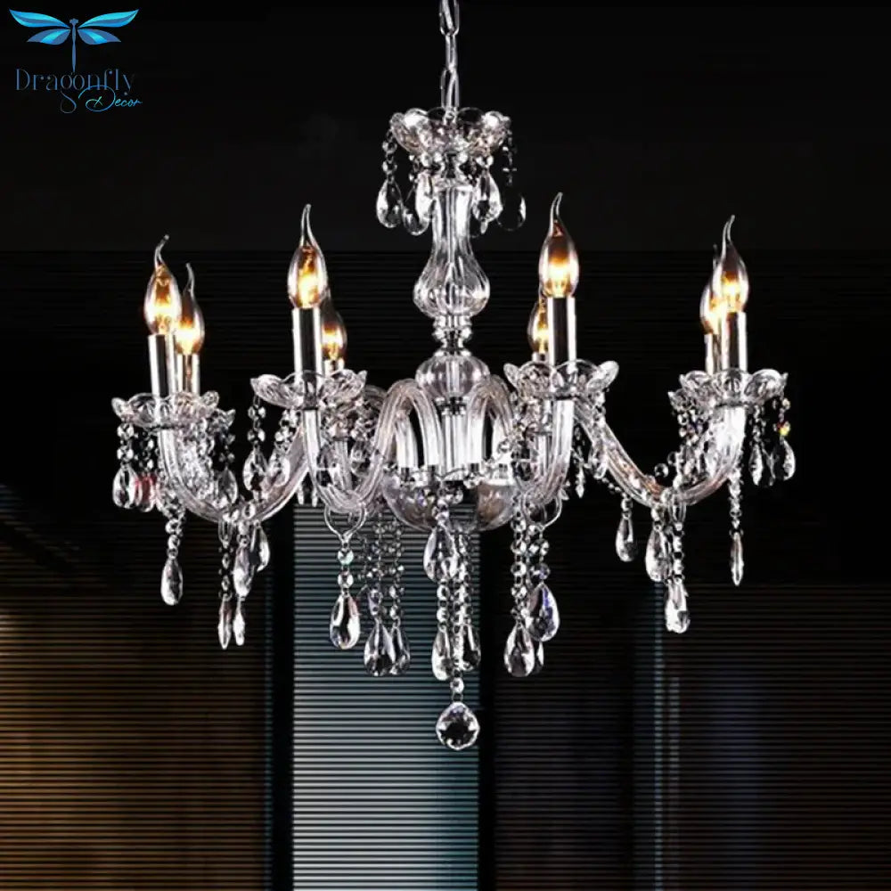 Glam Candle - Style Curving Arm Chandelier Crystal Strands In Chrome Finish