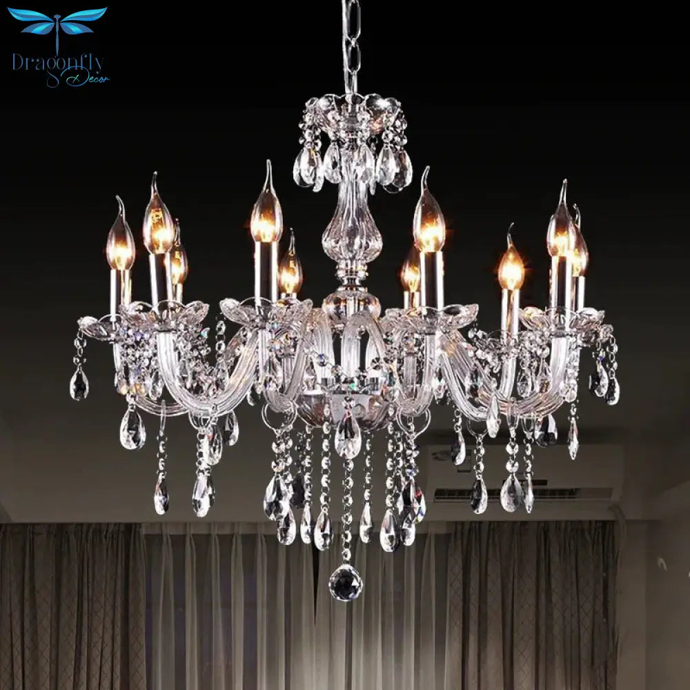 Glam Candle - Style Curving Arm Chandelier Crystal Strands In Chrome Finish