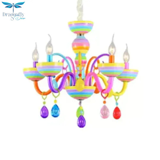 Glass Candle Pendant Light With Crystal Pretty Multi - Colored Chandelier For Kindergarten