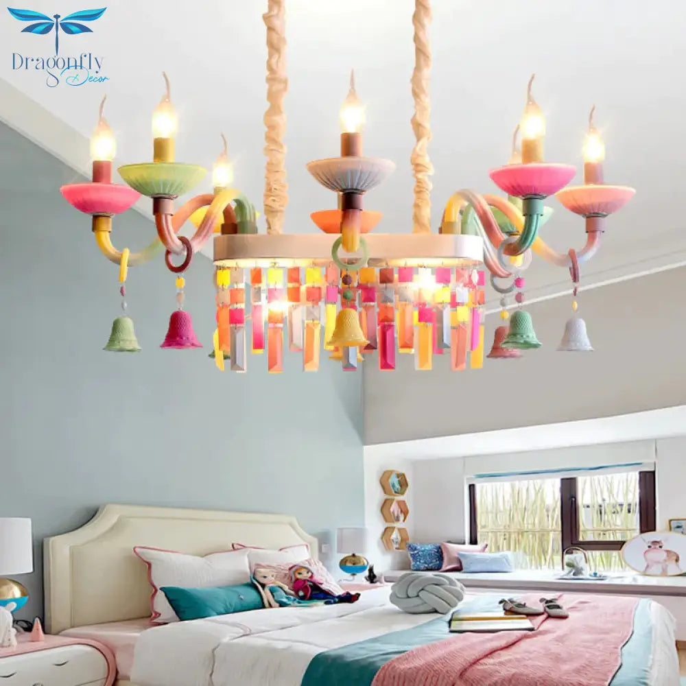 Glass Candle Suspension Light With Little Bell Kid Bedroom Kids Modern Colorful Chandelier White -