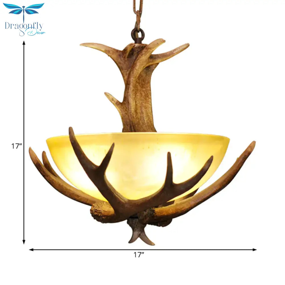 Glass Deer Antler Chandelier Lamp Farmhouse 3 - Head Indoor Pendant Ceiling Light In Brown
